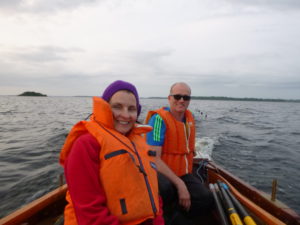 Eamonn and Angela Flynn towing the shell across Lough Ree to Athlone Yacht Club