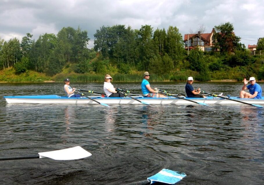 Irena Baker, who has raced at the Head of the Charles, is pictured here in stroke on the Neva River on our St. Petersburg trip.